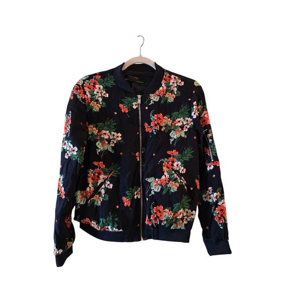 Zara Basic Womens Floral Print Satin Jacket Size M Bomber Date Night Lightweight - Picture 1 of 7